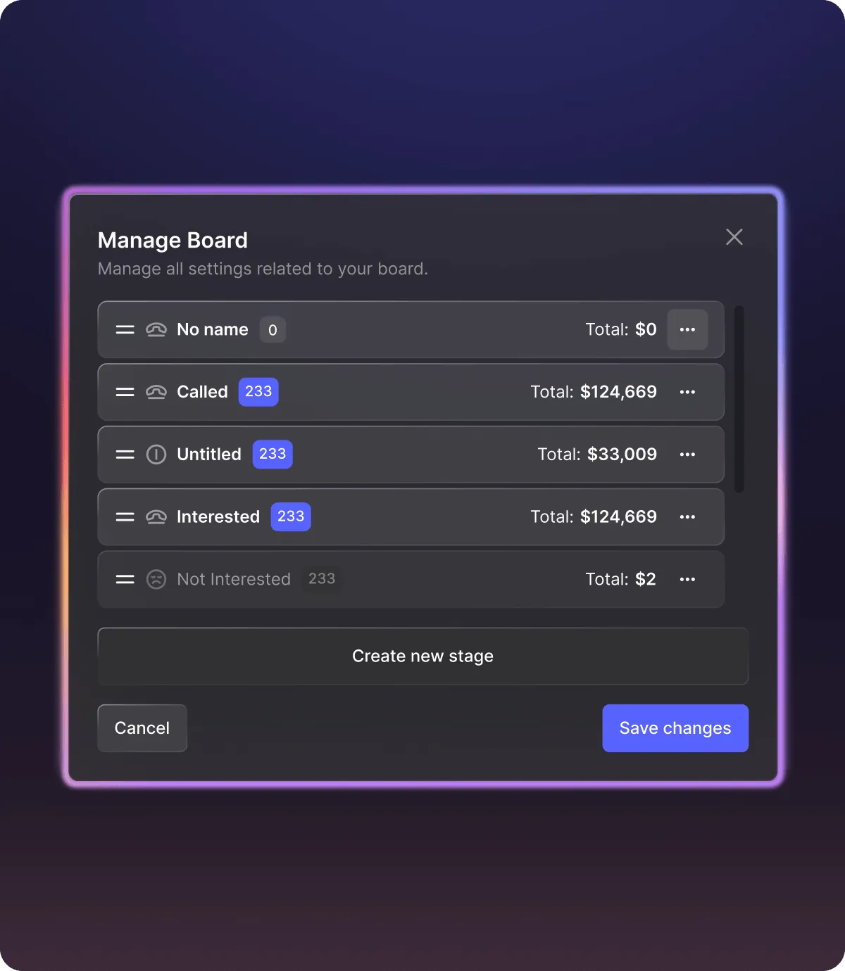 Manage Board settings window showing stages like No name, Called, Untitled, Interested, and Not Interested with totals and action buttons for creating new stage, cancel, and save changes.