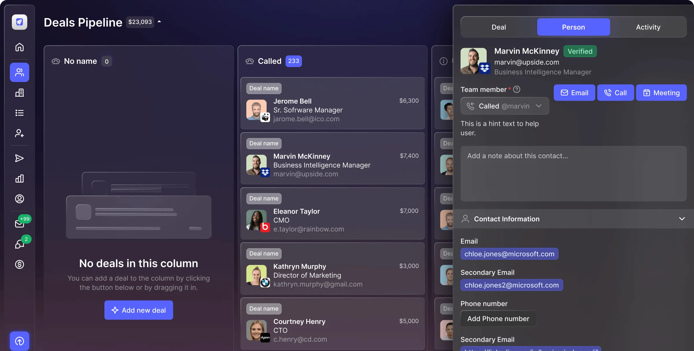 CRM dashboard showing Deals Pipeline with columns for No name and Called, listing deals with contact details and a sidebar with personal contact info for Marvin McKinney including email, call, and meeting options.