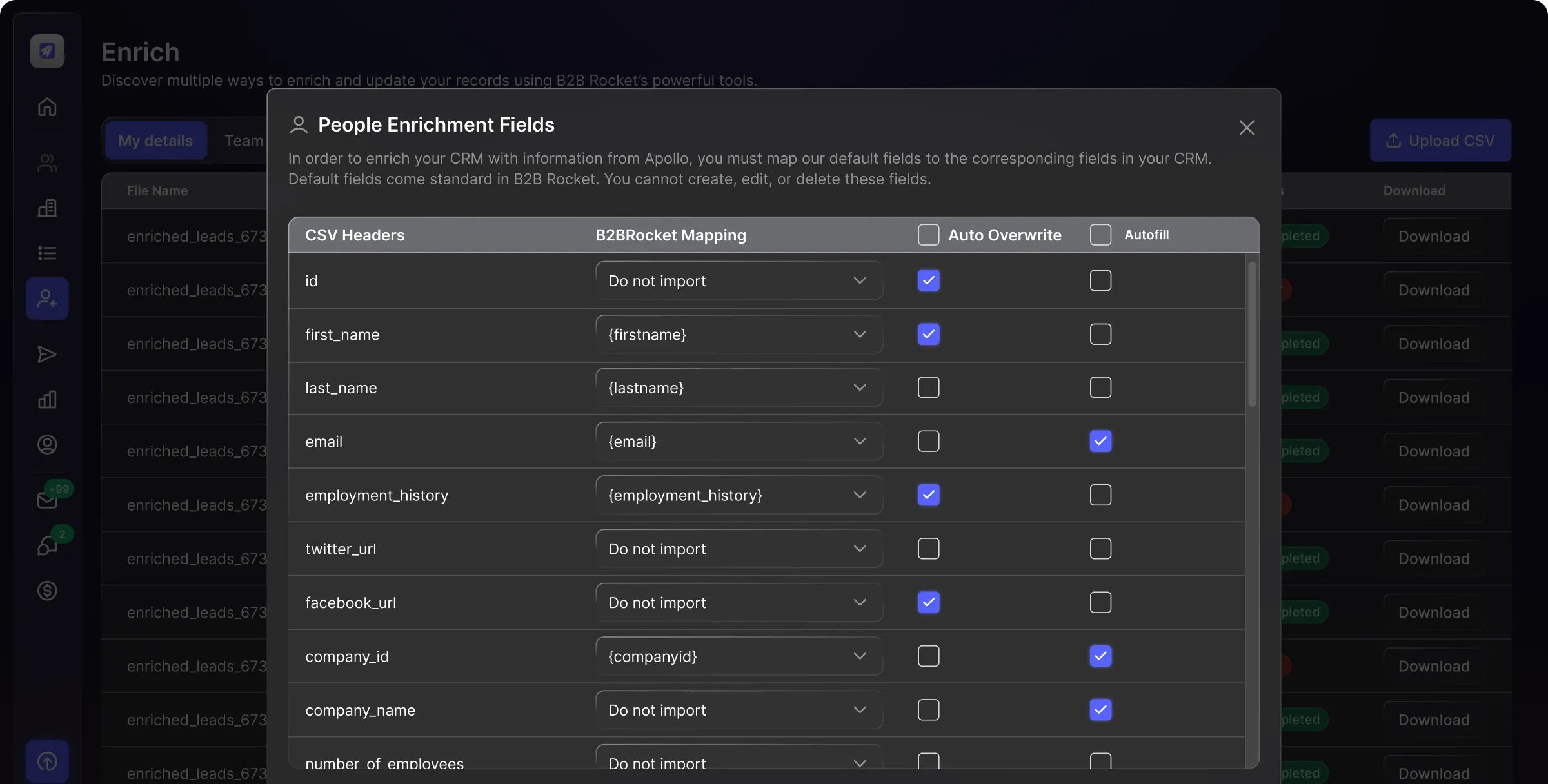 Screenshot of a People Enrichment Fields dialog box for mapping CSV headers to B2B Rocket fields with options for Auto Overwrite and Autofill, showing fields like id, first_name, last_name, and email.