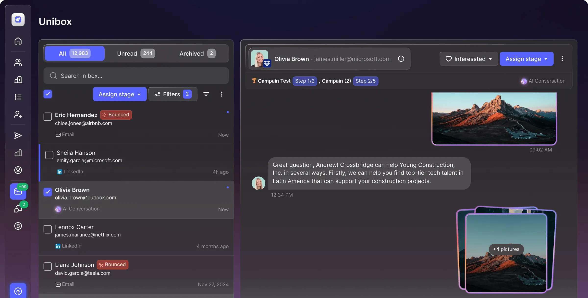Email client interface showing message list with selected conversation from Olivia Brown discussing tech talent for construction projects in Latin America.