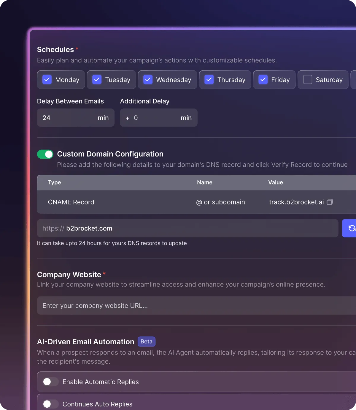 User interface for scheduling email campaigns, custom domain DNS setup with CNAME record for track.b2brocket.ai, and options for AI-driven email automation with toggle switches.