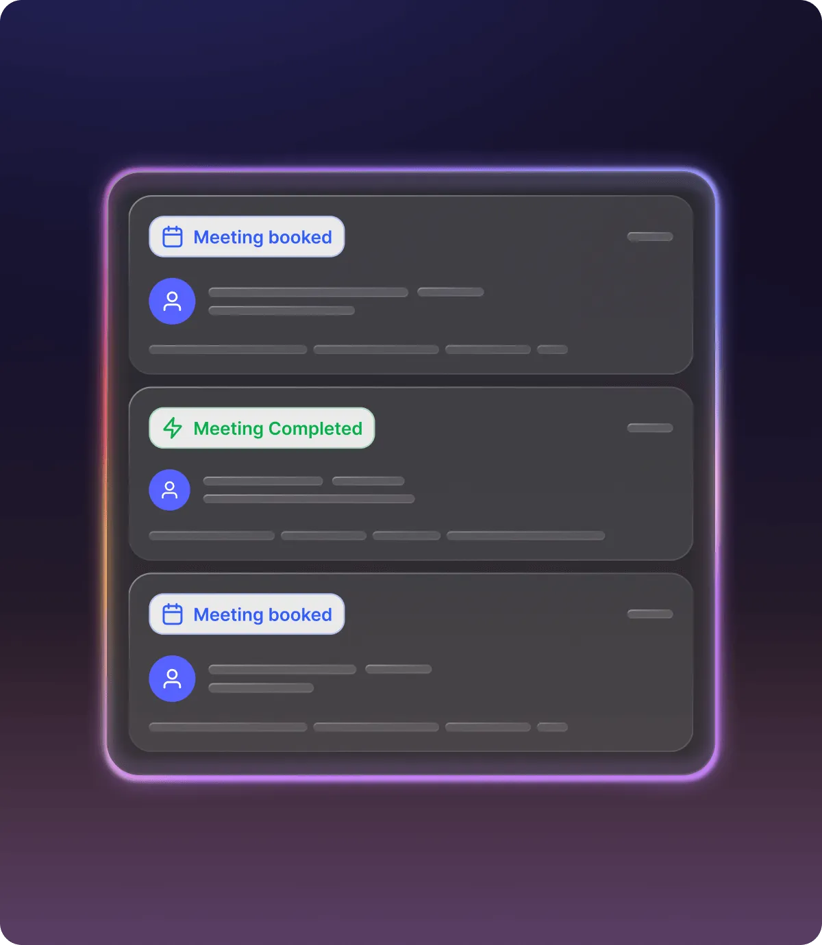 Digital interface showing three meeting notifications labeled 'Meeting booked' in blue and 'Meeting Completed' in green, each with a user icon and placeholder text.