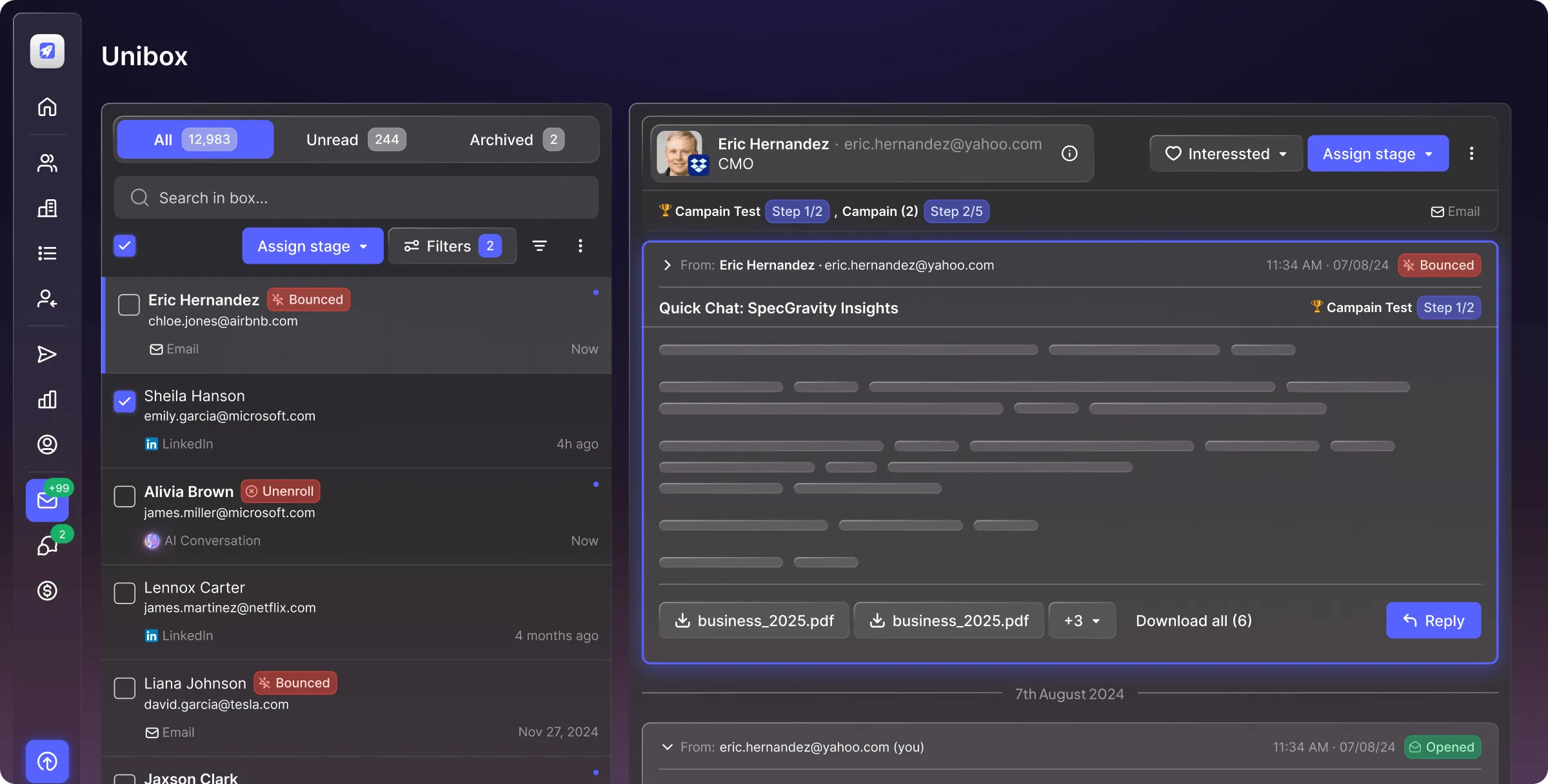 Dark-themed email inbox interface showing unread, archived, and filtered emails with user details and email preview pane.