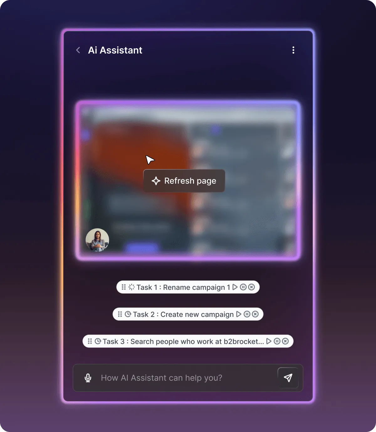 AI Assistant interface showing tasks: Rename campaign 1, Create new campaign, and Search people who work at b2brocket with a chat input field at the bottom.