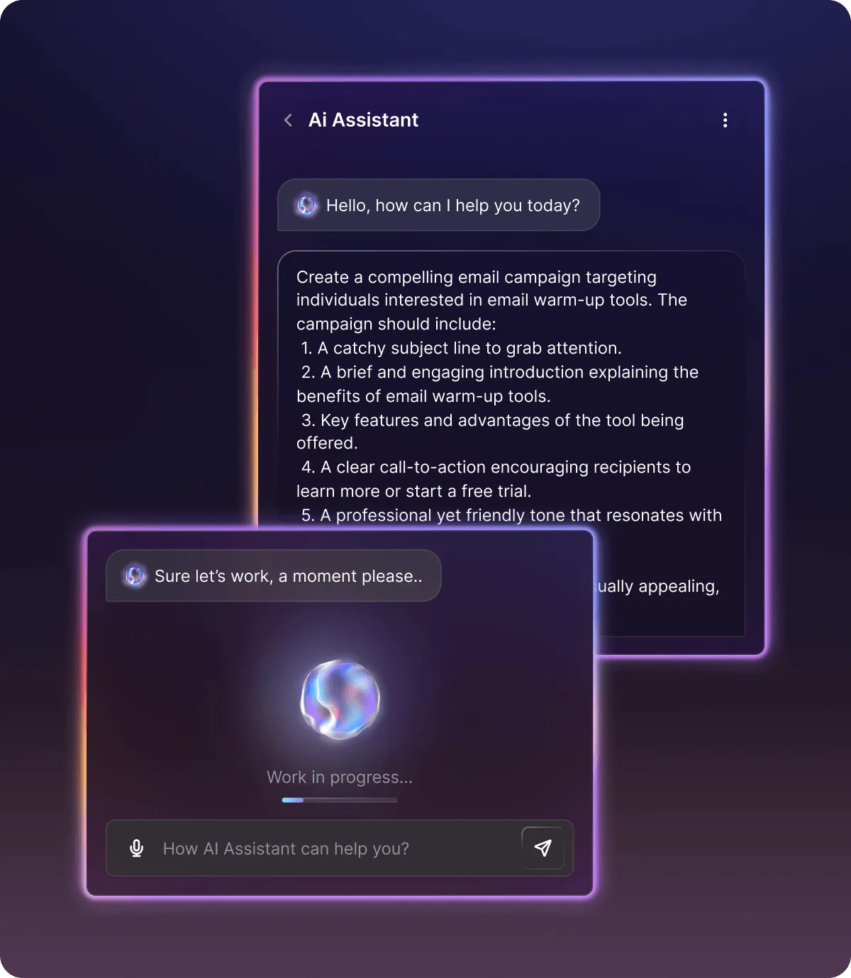 AI assistant chat interface with a user request to create a compelling email campaign about email warm-up tools and a progress message indicating work in progress.