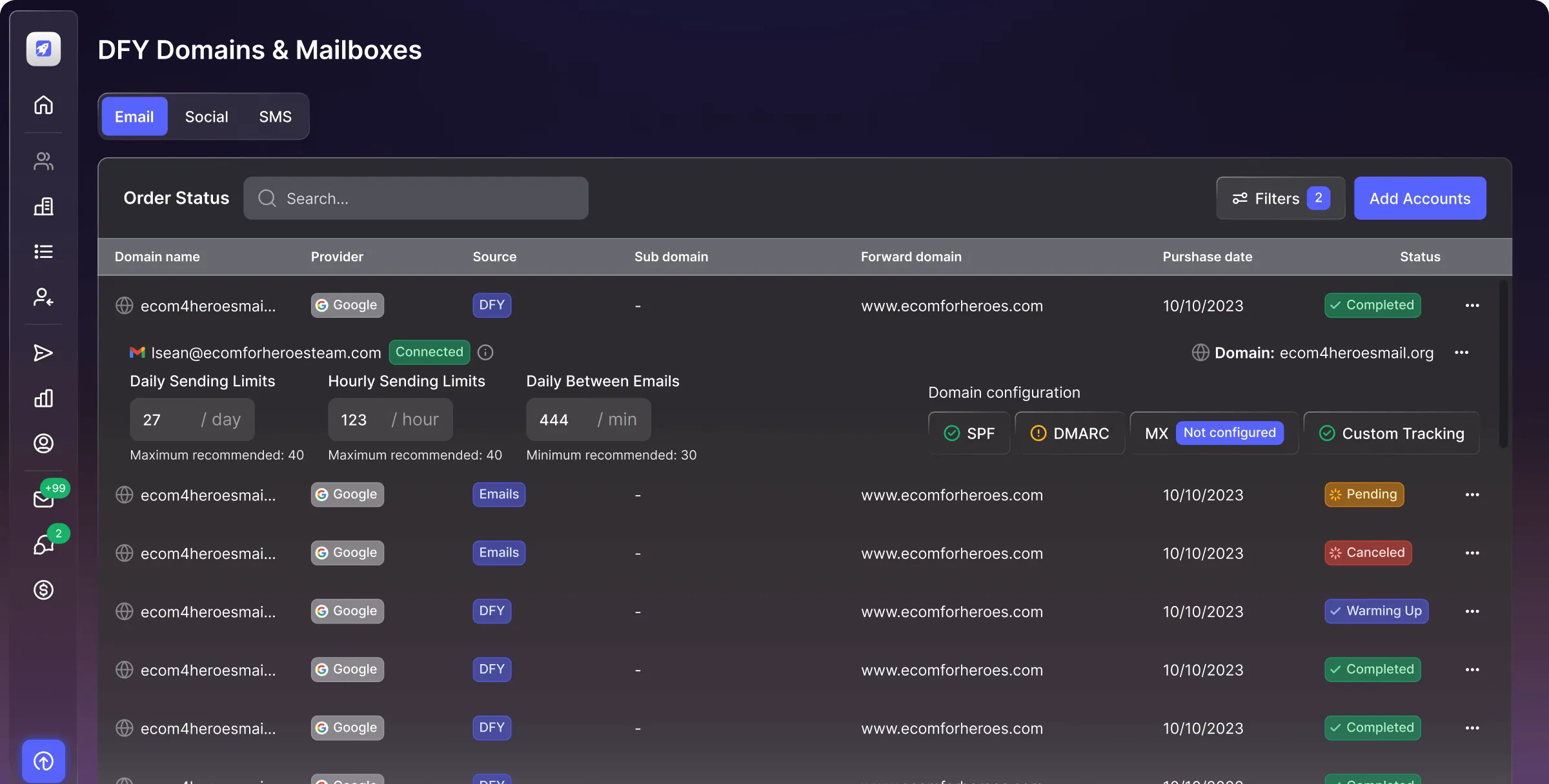 Dashboard interface showing DFY Domains & Mailboxes with a list of domains, providers, sources, subdomains, forward domains, purchase dates, and statuses including Completed, Pending, Canceled, and Warming Up.