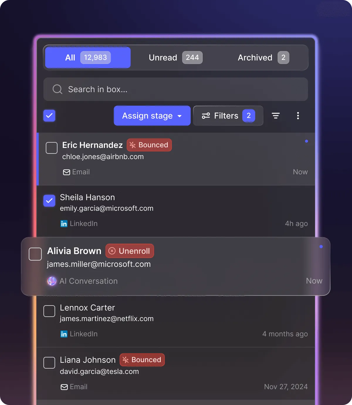 Email inbox interface showing tabs for All (12,983), Unread (244), and Archived (2) with search box, filter options, and a list of emails including status labels like Bounced and Unenroll.