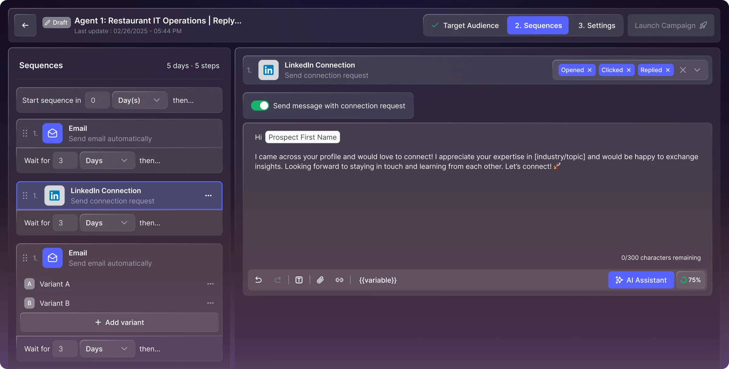 User interface showing a five-step LinkedIn outreach sequence with automated emails and connection requests, including a message draft to a prospect.