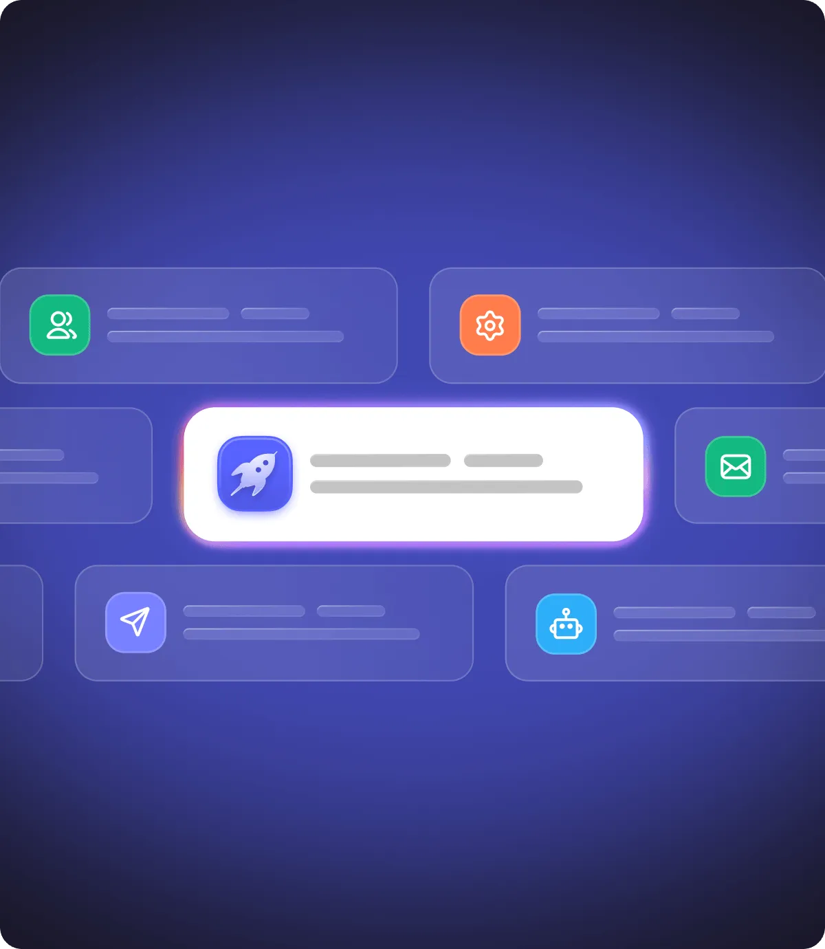 Digital interface with various colored icons including a rocket, paper plane, gear, robot, user group, and envelope on blue background.