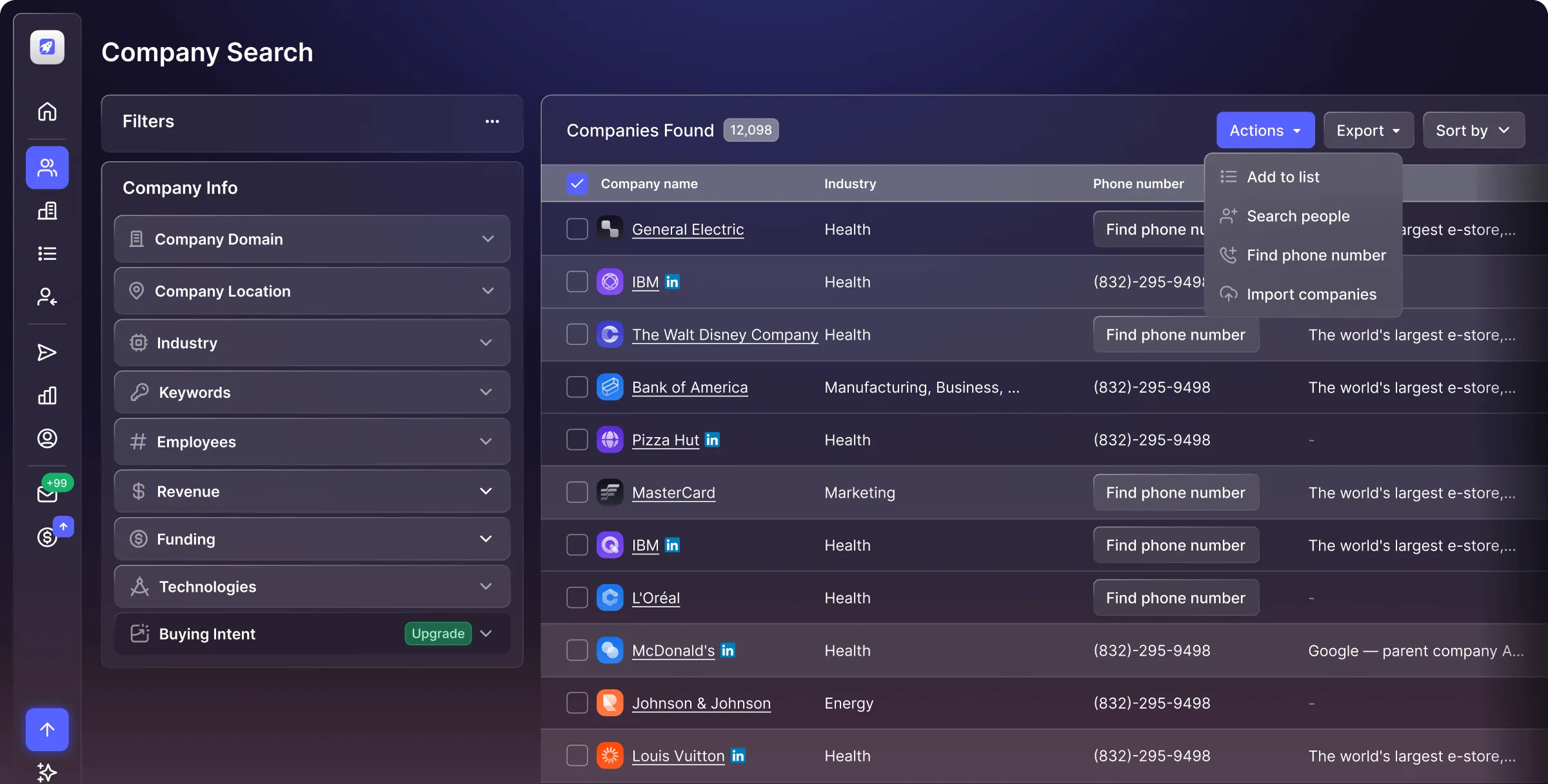 Interface of a company search dashboard showing filters on the left and a list of companies with industries and phone number options on the right.