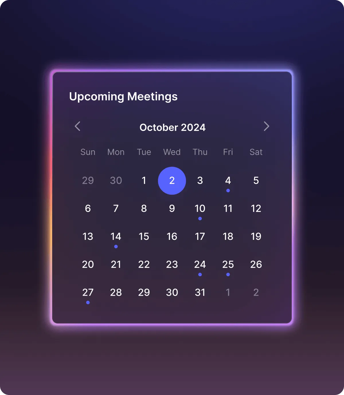 Digital calendar showing October 2024 with highlighted date on Wednesday the 2nd and dots marking upcoming meetings on the 4th, 10th, 14th, 24th, 25th, and 27th.