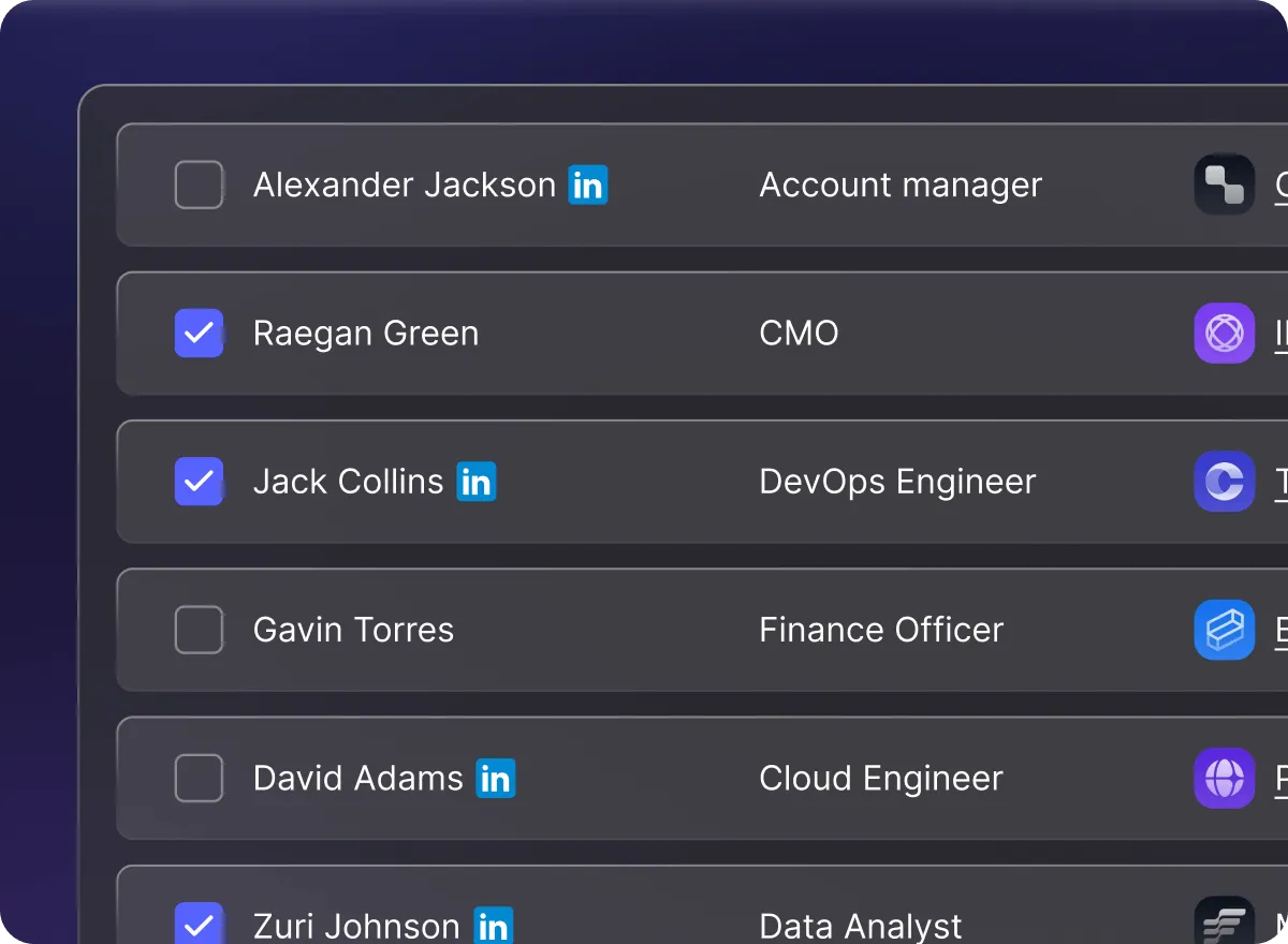 Partial view of a digital contact list showing names, job titles, LinkedIn icons, and selection checkboxes for employees.