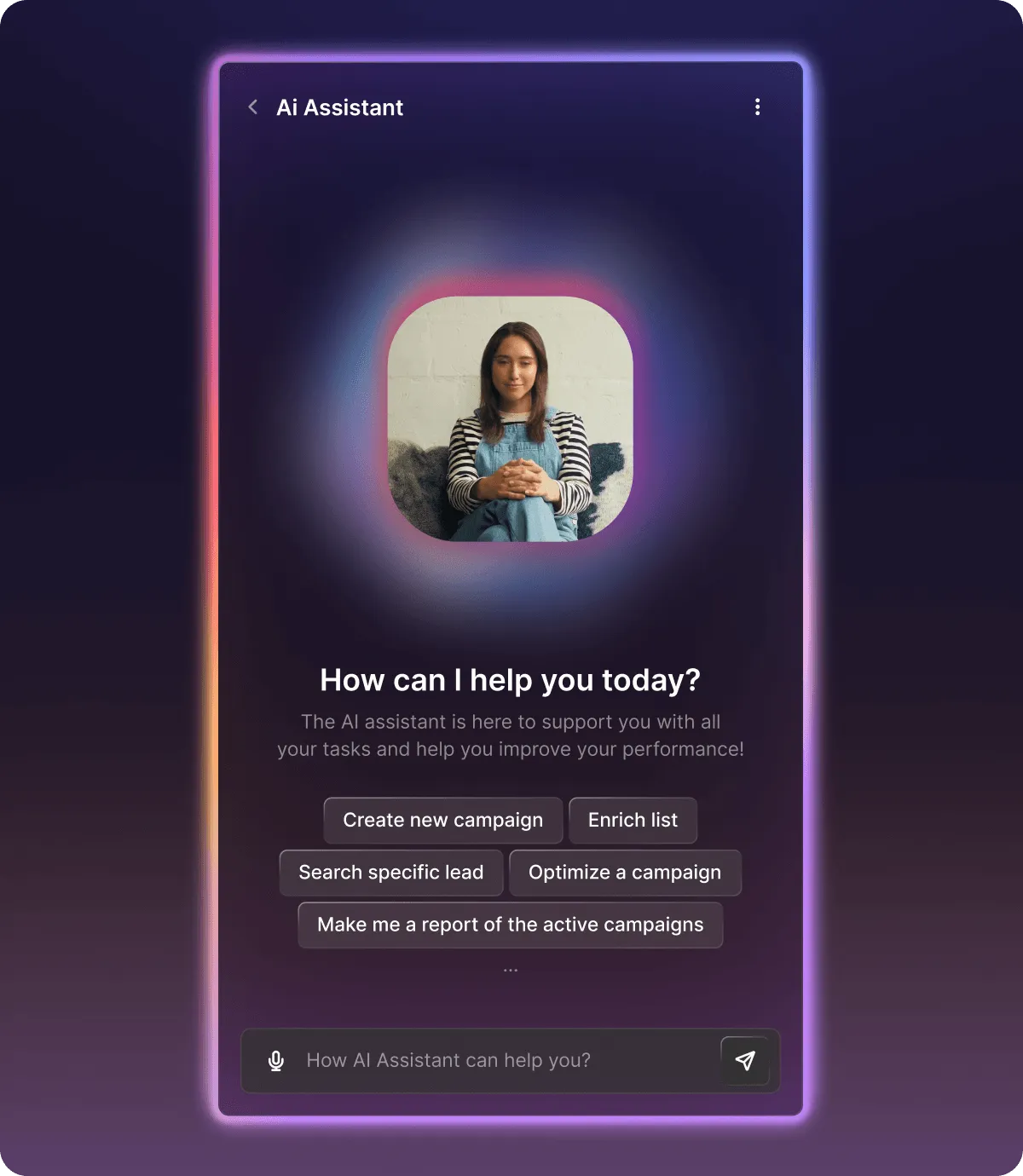 AI assistant interface with a woman's profile photo, text asking how it can help, and buttons for creating campaigns, enriching lists, searching leads, optimizing campaigns, and generating reports.