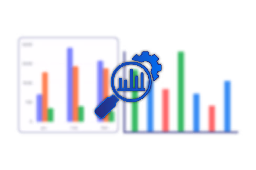 Magnifying glass over colorful bar charts and a gear representing data analysis and business analytics.