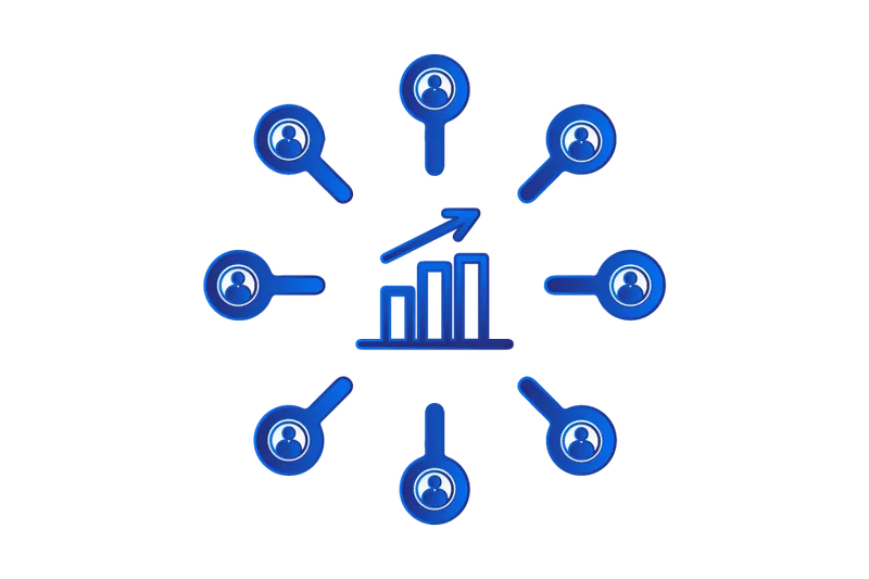 Bar chart with upward arrow surrounded by eight connecting user icons symbolizing growth and network.