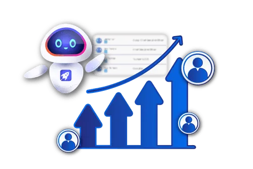 Robot pointing to a rising blue bar graph with user icons representing growth in users or customers.