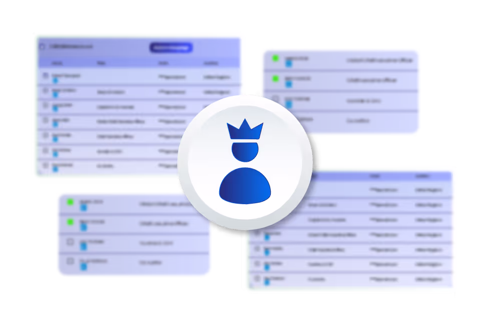 Icon of a person with a crown centered among four blurred tables displaying project data and statuses.