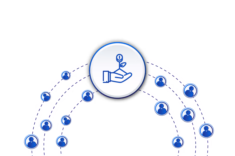 Central icon of a hand holding a plant surrounded by smaller user icons connected by dotted curved lines.