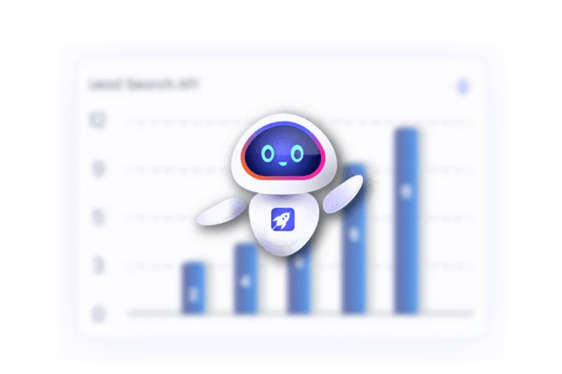 Friendly robot mascot with a rocket icon in front of a rising bar chart.
