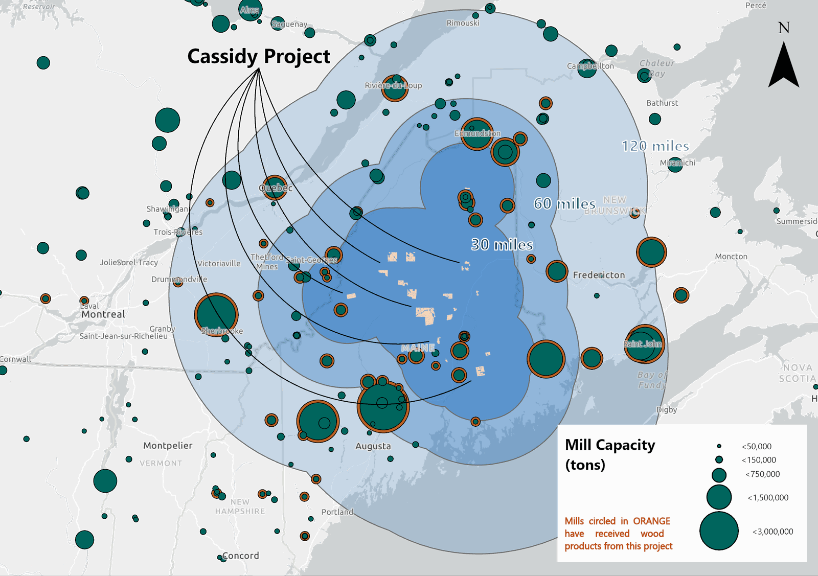 Regional map showing mills within 120 miles of the Cassidy Timberlands project area by processing capacity
