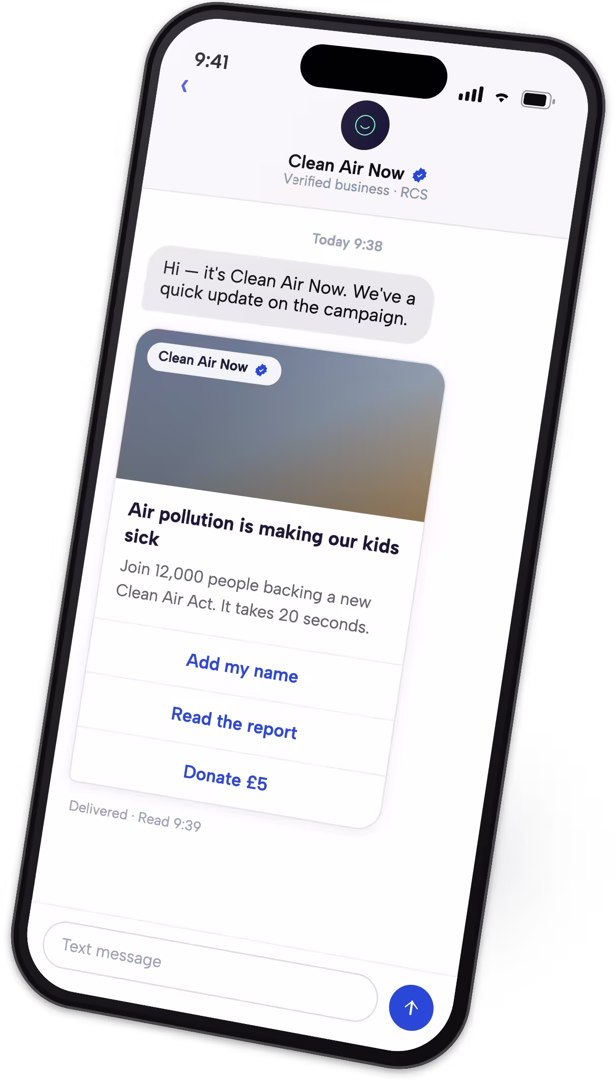 SMS and RCS message example with branding and buttons in the message