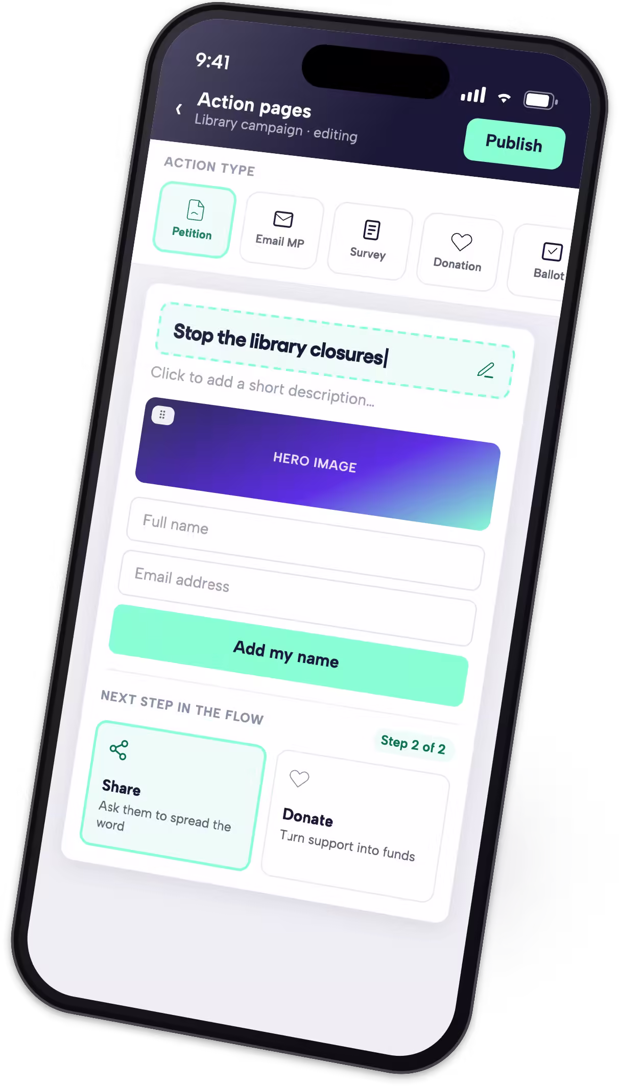 Action pages, an example petition page with share and donate steps