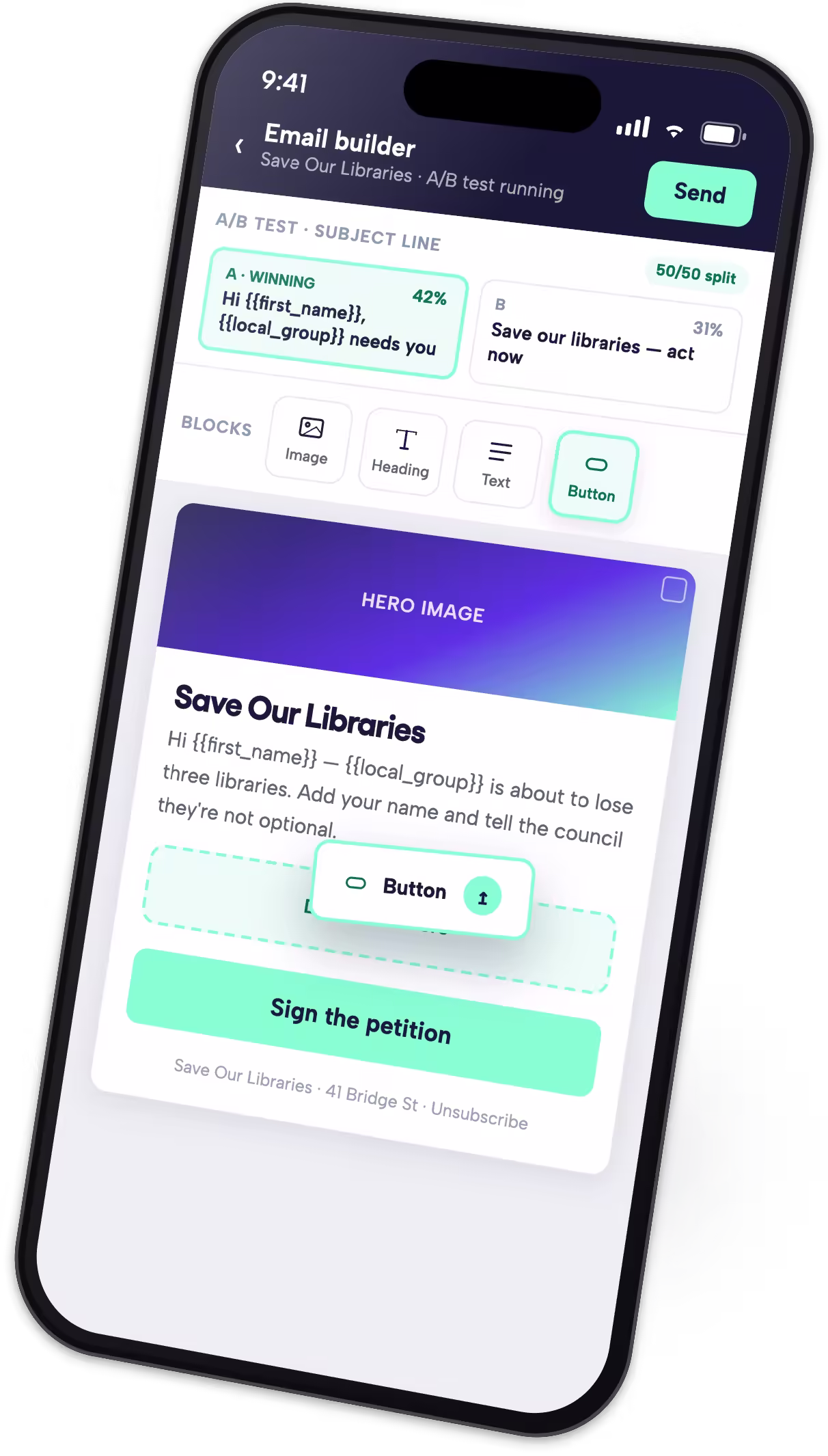 Email builder with A/B testing and drag and drop interface