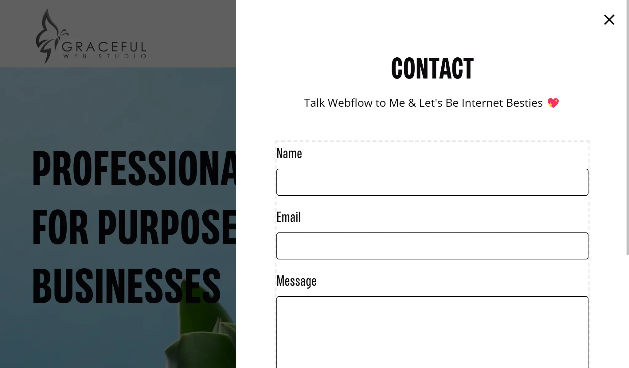 Screenshot of Graceful Web Studio’s website showing a partially open slide-in contact form titled ‘Contact’ with fields for Name, Email, and Message.