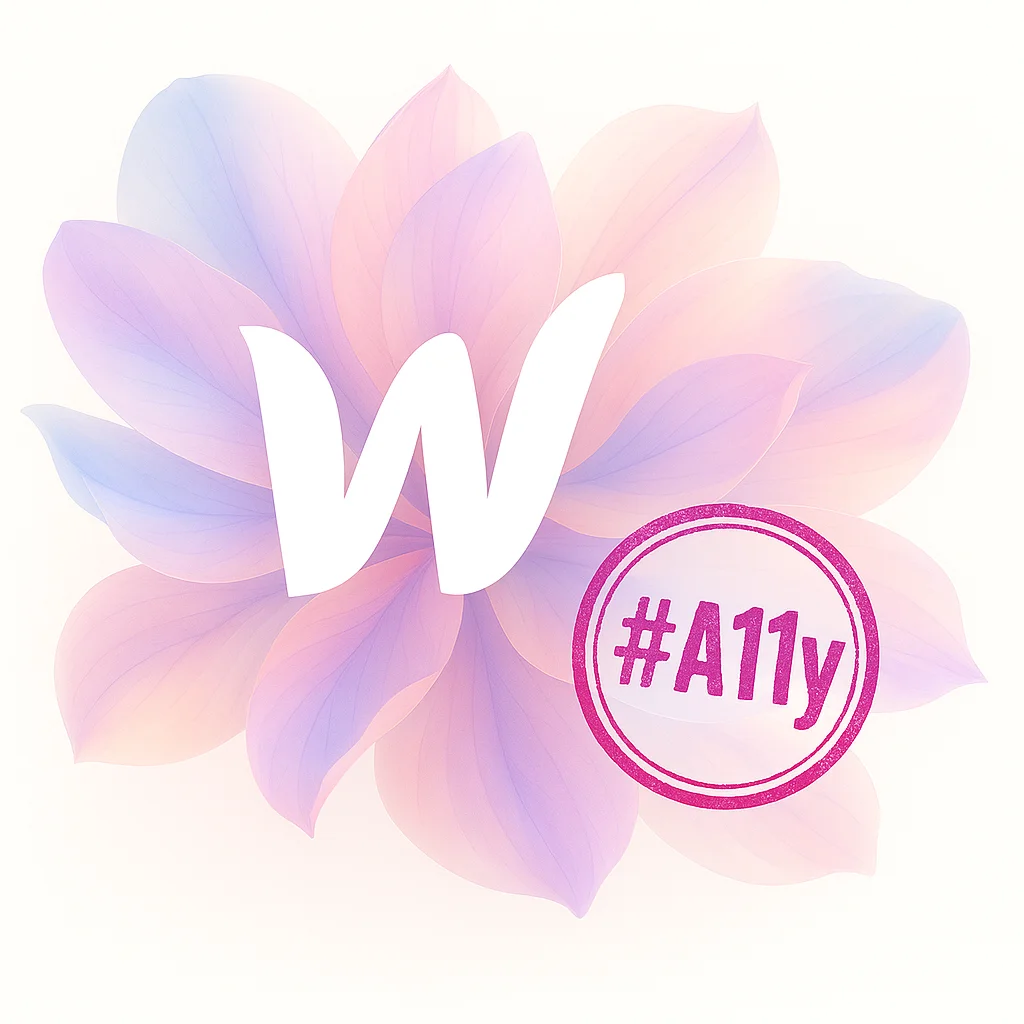 White Webflow logo centered over a pastel flower with translucent petals, featuring a magenta #A11y stamp in the lower right.