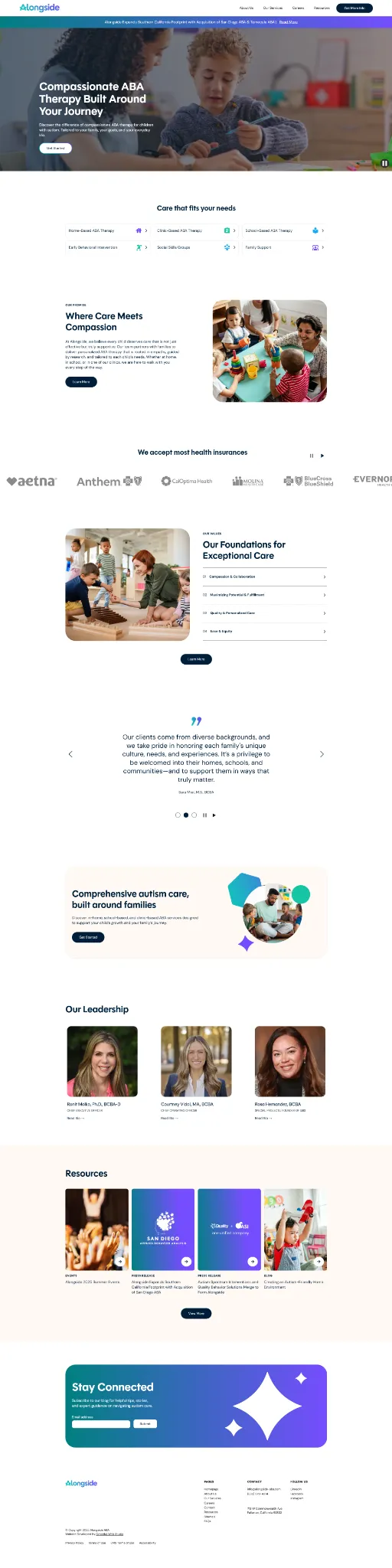 Full-page screenshot of the Alongside ABA website, showing compassionate ABA therapy services, care options, insurance partners, values, leadership team, resources, and a colorful footer.