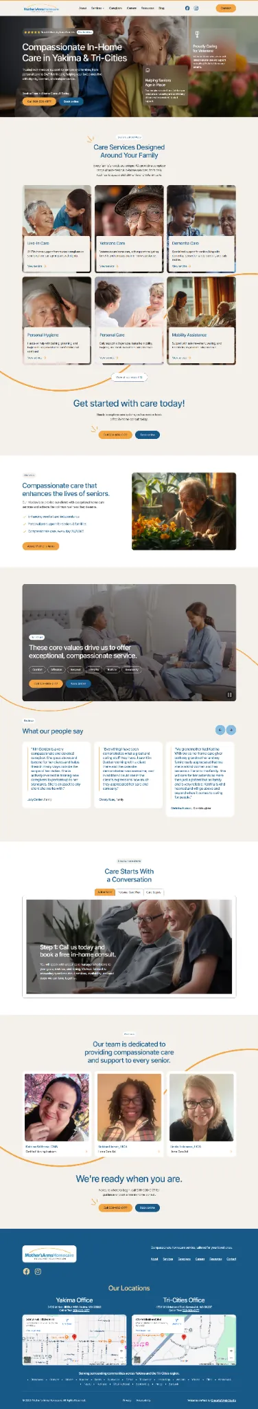 Screenshot of Mother’s Arms Homecare homepage showing the hero “Compassionate In-Home Care in Yakima & Tri-Cities,” a services grid, testimonials, caregiver cards, and Yakima/Tri-Cities location maps.