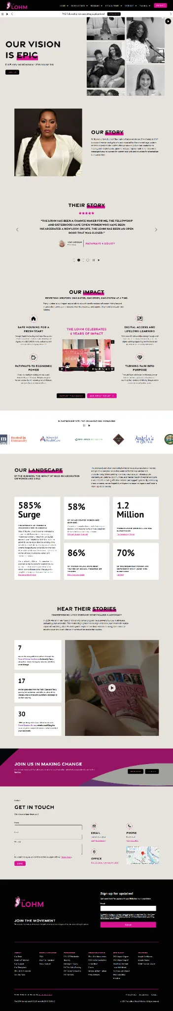 Screenshot of The LOHM homepage featuring a hero banner “Our Vision Is Epic,” founder image and story, impact stats and partner logos, program highlights, testimonial slider, contact form, and footer signup.