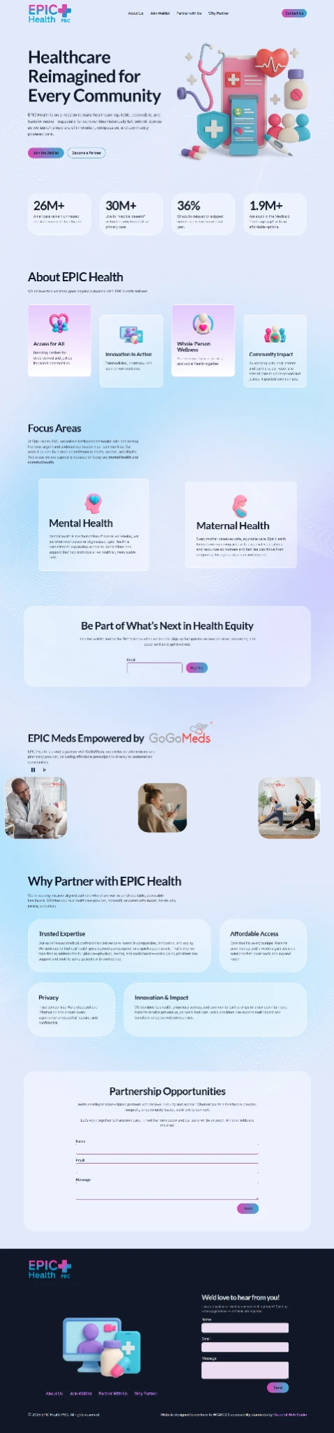Homepage of Epic Health PBC, a healthcare startup. Features a modern gradient design with 3D medical graphics, stats on healthcare access, focus areas on mental and maternal health, partnerships, and contact forms.