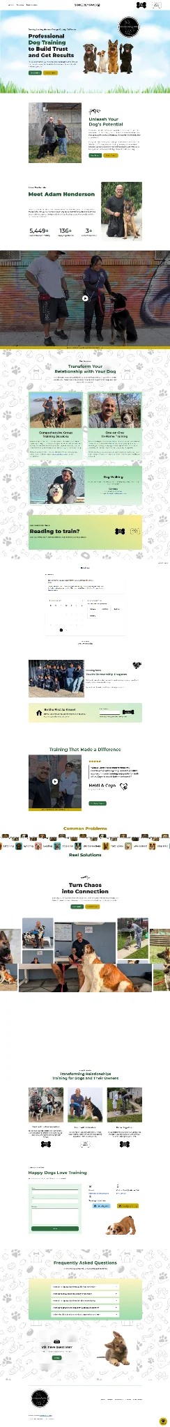 Full-page screenshot of the Shake Dem Paws dog training website, showcasing services, testimonials, group classes, events, training programs, and a contact form. The design features playful dog-themed illustrations, real client images, and a focus on transforming dog behavior with trust-building strategies.