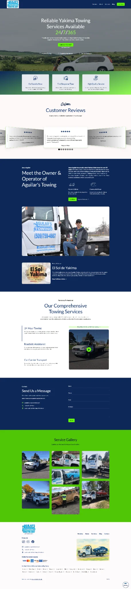 Full-page screenshot of the Aguilar’s Towing website, showcasing 24/7 Yakima towing services, customer reviews, owner bio, service overview, and a service gallery featuring various tow trucks and vehicles. The design uses bold green and blue branding with real service imagery and clear call-to-action buttons. 