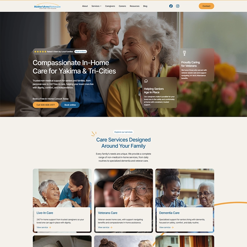 Screenshot of Mother’s Arms Homecare homepage showing the hero “Compassionate In-Home Care in Yakima & Tri-Cities,” a services grid, testimonials, caregiver cards, and Yakima/Tri-Cities location maps.