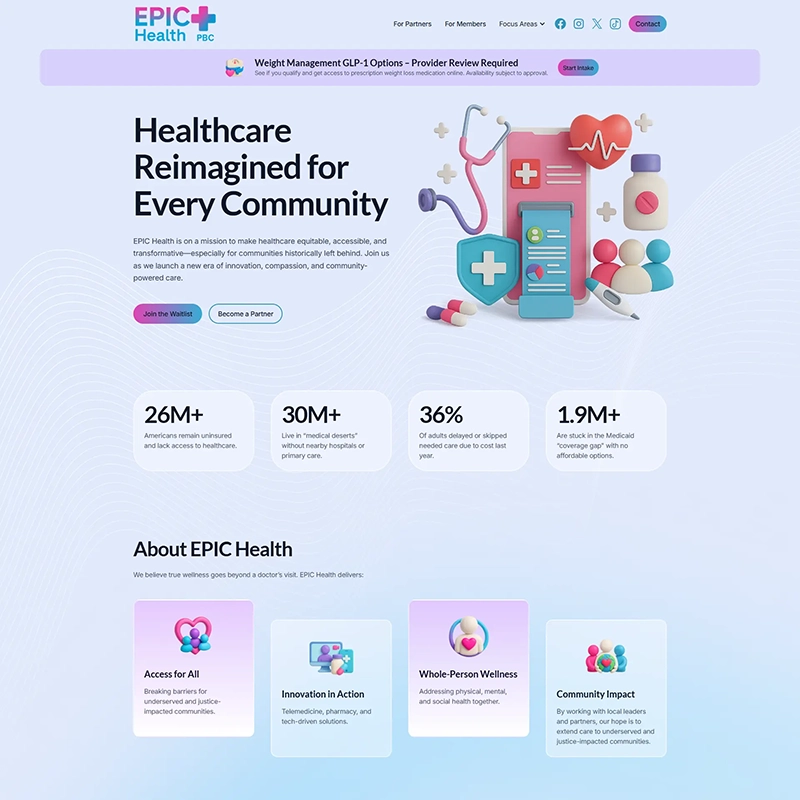 Homepage of Epic Health PBC, a healthcare startup. Features a modern gradient design with 3D medical graphics, stats on healthcare access, focus areas on mental and maternal health, partnerships, and contact forms.