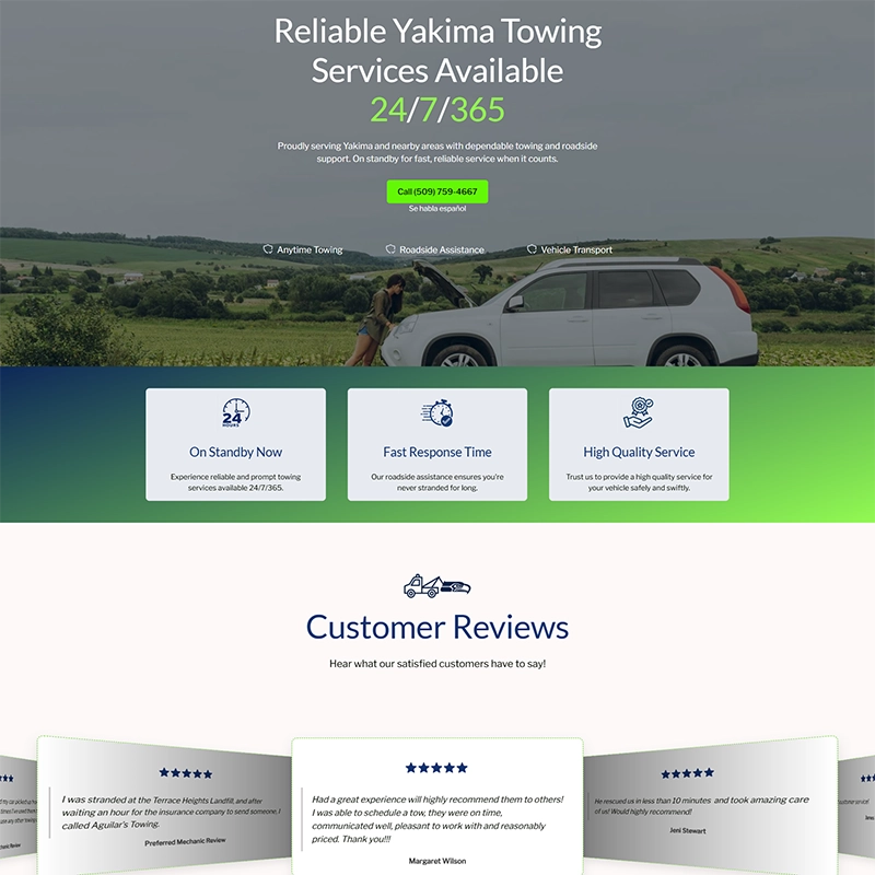 Full-page screenshot of the Aguilar’s Towing website, showcasing 24/7 Yakima towing services, customer reviews, owner bio, service overview, and a service gallery featuring various tow trucks and vehicles. The design uses bold green and blue branding with real service imagery and clear call-to-action buttons. 
