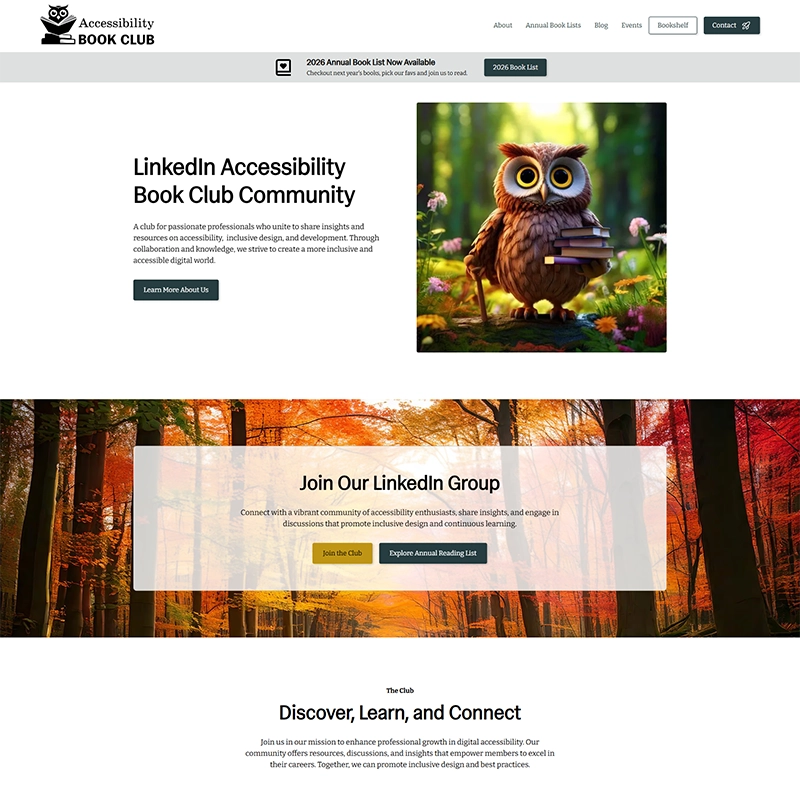 Full page screenshot of homepage of Accessibility Book Club