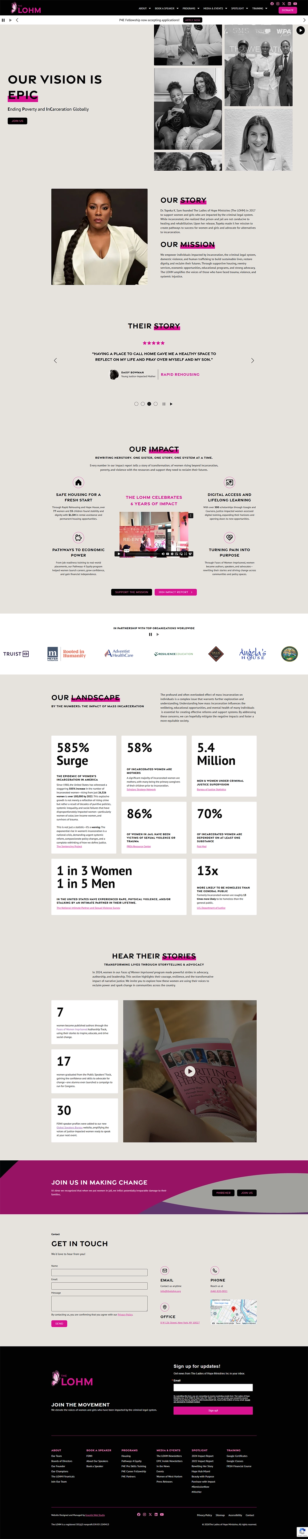 Screenshot of The LOHM homepage featuring a hero banner “Our Vision Is Epic,” founder image and story, impact stats and partner logos, program highlights, testimonial slider, contact form, and footer signup.
