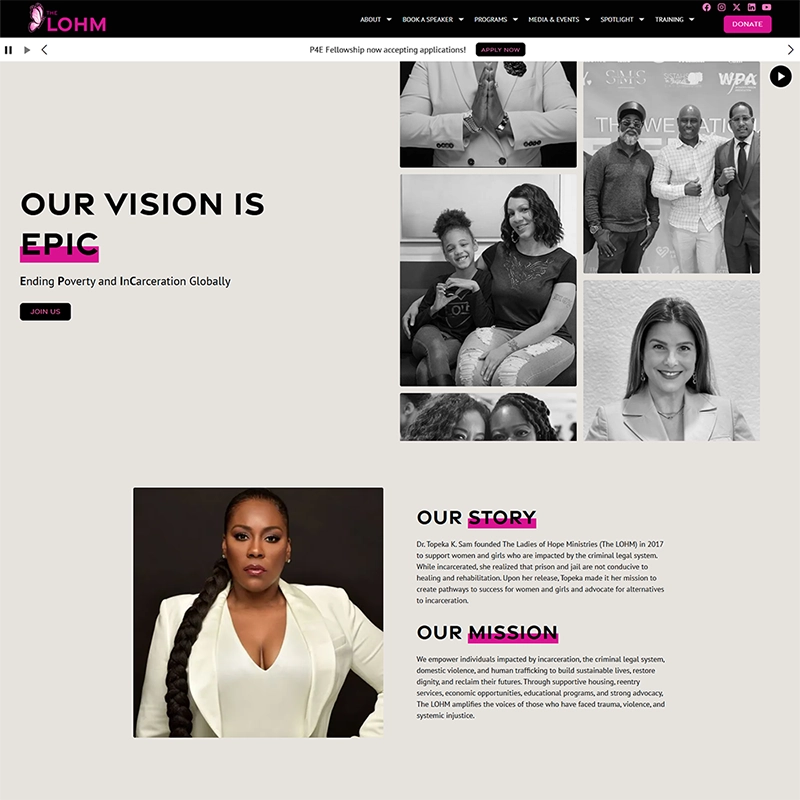 Screenshot of The LOHM homepage featuring a hero banner “Our Vision Is Epic,” founder image and story, impact stats and partner logos, program highlights, testimonial slider, contact form, and footer signup.
