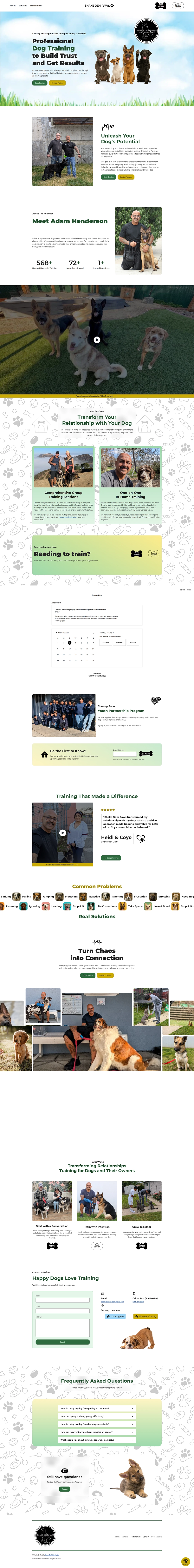 Full-page screenshot of the Shake Dem Paws dog training website, showcasing services, testimonials, group classes, events, training programs, and a contact form. The design features playful dog-themed illustrations, real client images, and a focus on transforming dog behavior with trust-building strategies.