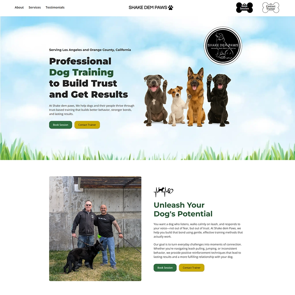 Full-page screenshot of the Shake Dem Paws dog training website, showcasing services, testimonials, group classes, events, training programs, and a contact form. The design features playful dog-themed illustrations, real client images, and a focus on transforming dog behavior with trust-building strategies.
