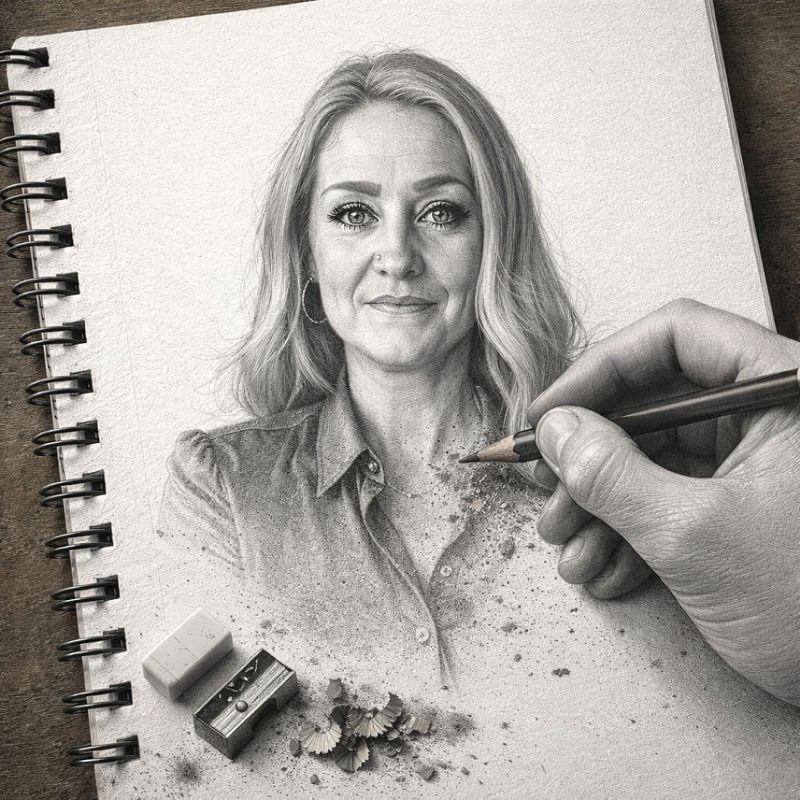 Crystal Scott CPWA, Founder and CEO, Graceful Web Studio being sketched on paper with a pencil