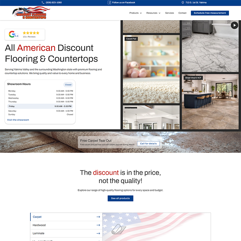 Homepage of All American Discount Flooring & Countertops website featuring a hero section with flooring images and promotional text, followed by service highlights, product categories, customer testimonials, a resource blog grid, showroom location map in Yakima, and a call-to-action to schedule a free in-home estimate.