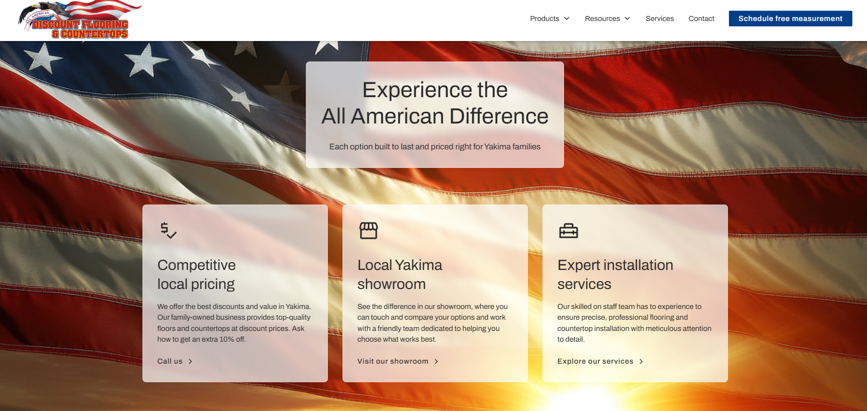 American flag background with All American Discount Flooring Yakima website section highlighting pricing, showroom, and installation services