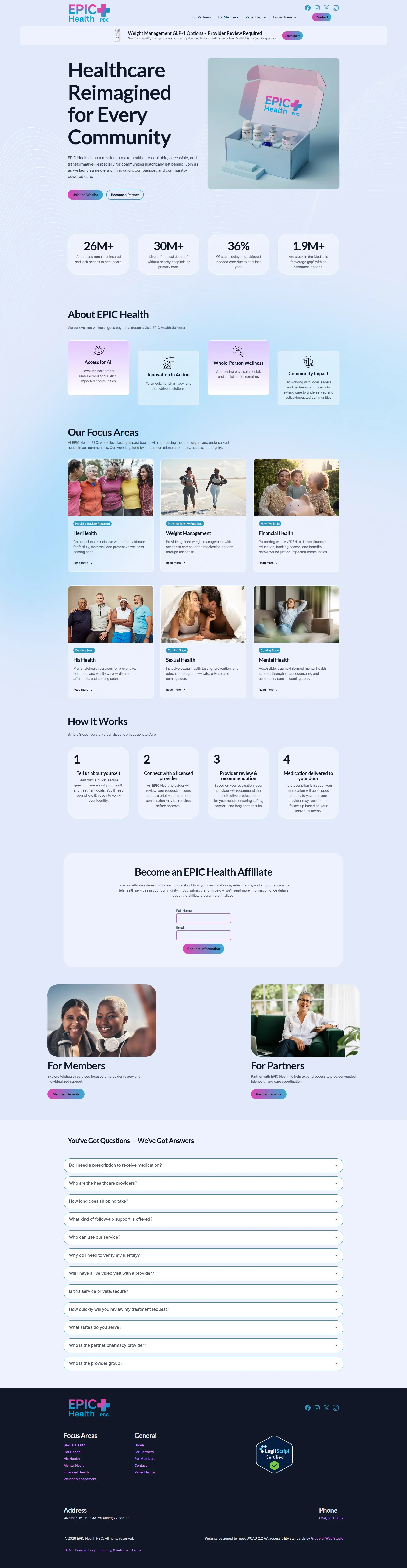 Homepage of Epic Health PBC, a healthcare startup. Features a modern gradient design with 3D medical graphics, stats on healthcare access, focus areas on mental and maternal health, partnerships, and contact forms.