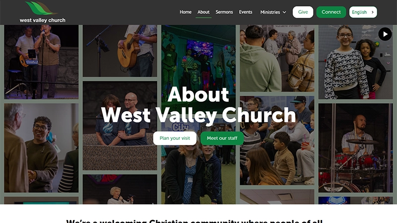West Valley Church about page creenshot showcasing a scrolling image gallery hero background section.
