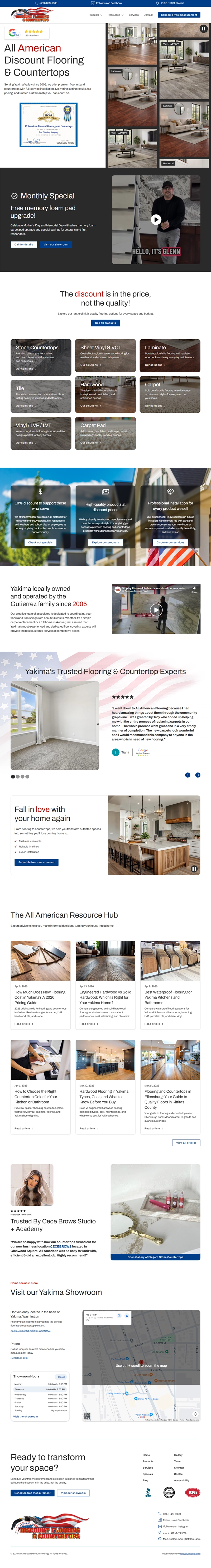 Homepage of All American Discount Flooring & Countertops website featuring a hero section with flooring images and promotional text, followed by service highlights, product categories, customer testimonials, a resource blog grid, showroom location map in Yakima, and a call-to-action to schedule a free in-home estimate.