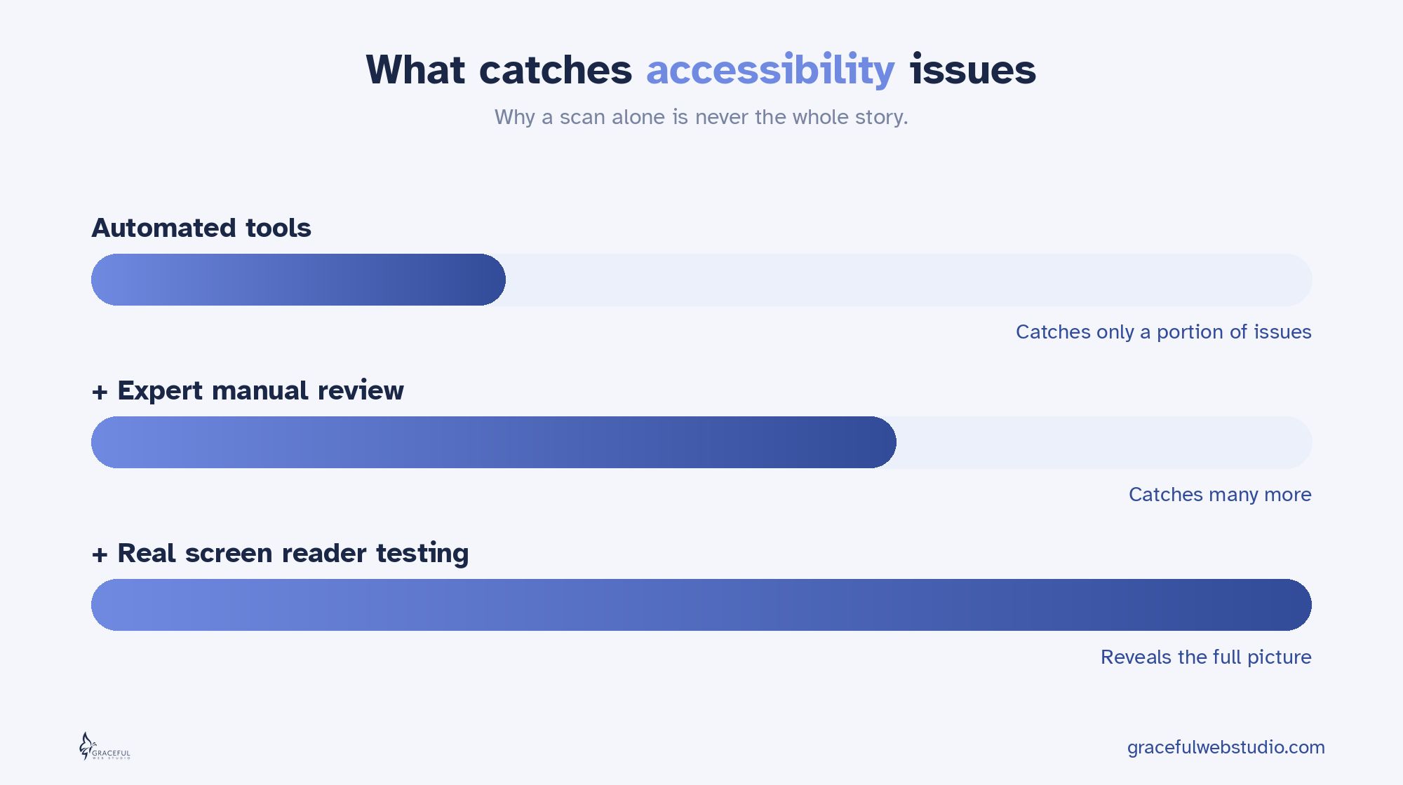What Catches accessibility Issues infographic. Full alt text in caption.